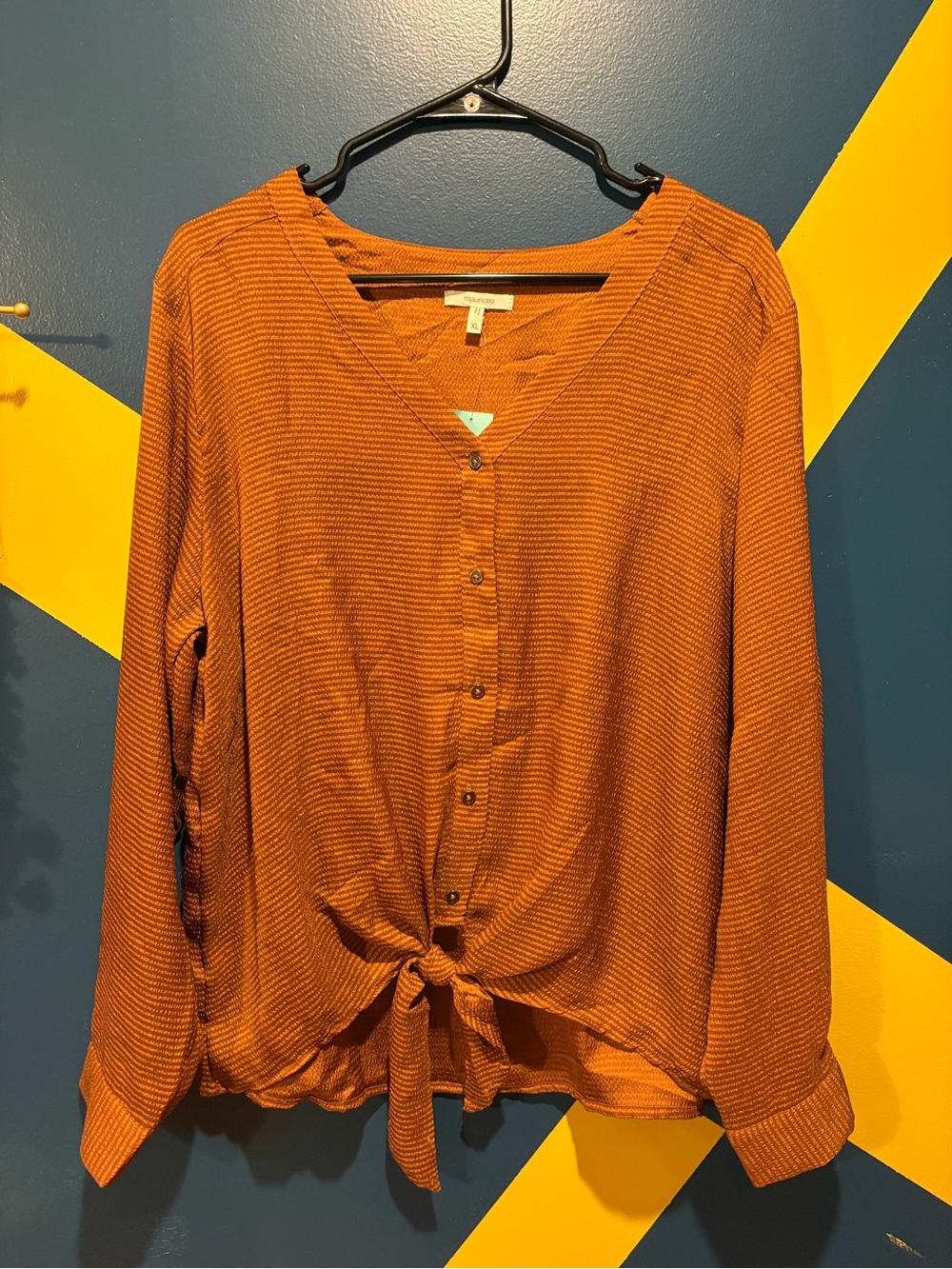 Maurices Pumpkin Spice V-Neck Striped Tie Front Button Down Top NWT